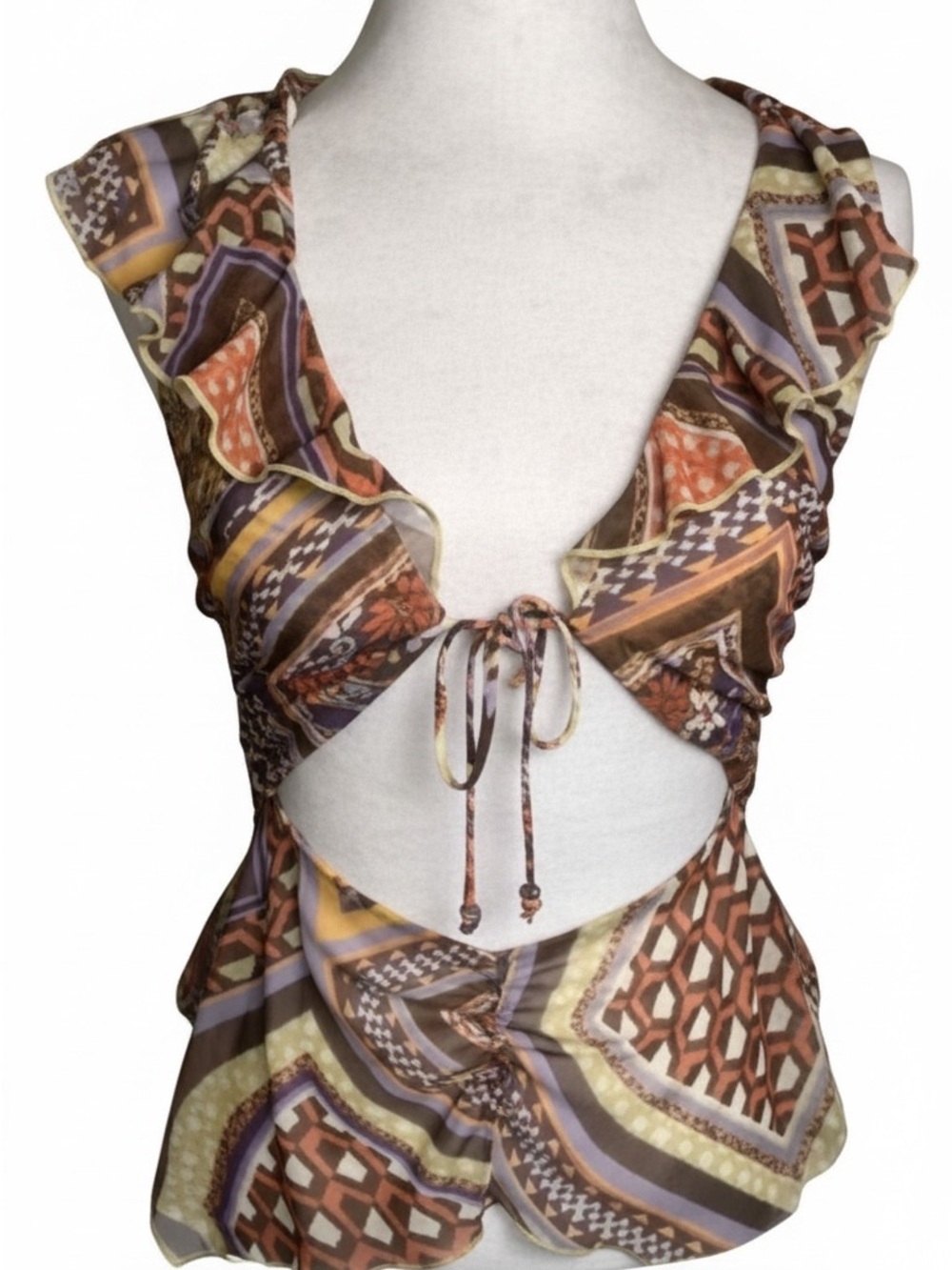 Urban Outfitters Boho Open Tie-Front Cutout Women’s Top in Multi kPrint